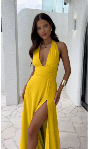 Sexy Halterneck V-hals Splitjurk Zomer Rugloze Strappy Rok Mode Temperament Kleding Vrouwen Nexora Store