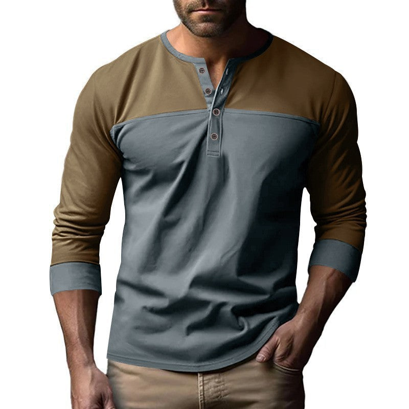 Retro Trendy Lange mouwen Kleur Matching Henry Kraag Onderkant Shirt Casual T-shirt Nexora Store