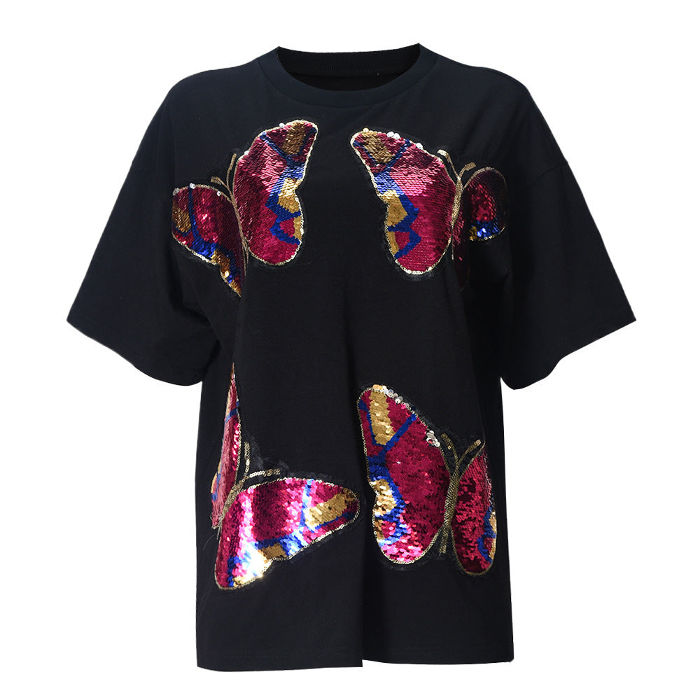 Personality Street Sequin geborduurde ronde hals dames korte mouw Nexora Store