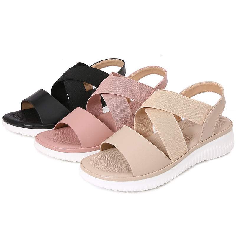 Bohemian stijl gestreepte elastische platte sandalen in zwart, abrikoos en goudroze met rubberen zool