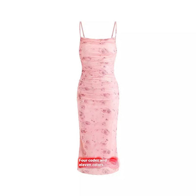 Slim-fit geplooide elegante mesh bloemenprint sexy jarretellejurk Nexora Store