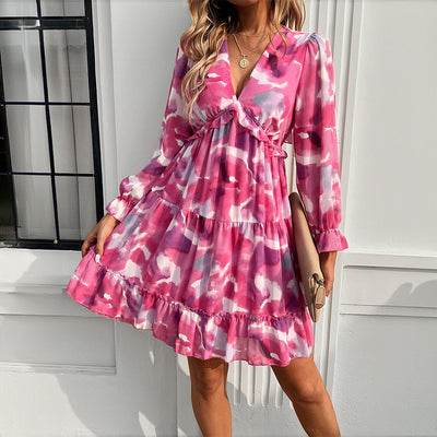 Lente- en zomervakantie-stijl bedrukte V-halsjurk met lange mouwen Ritchy's Shop