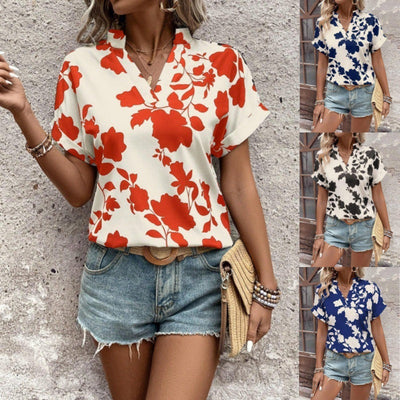 Grote bloemenprint V-hals vleermuismouwen casual los overhemd Nexora Store