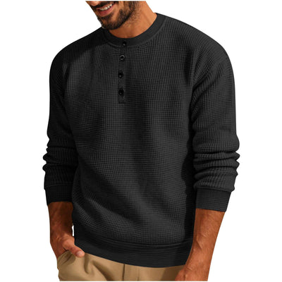 Solid Color Loose Casual Round Neck Long Sleeve Waffle Henley Shirt Nexora Store