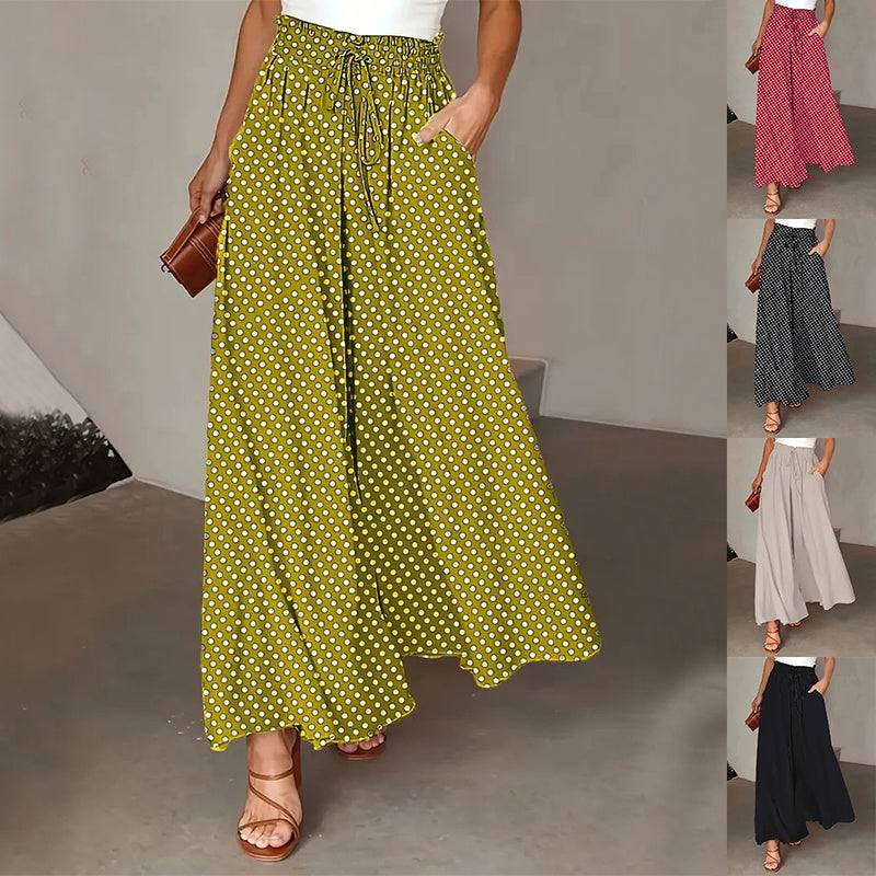 Dames broek met stippenprint, wijde pijpen en elastische taille in verschillende kleuren zoals citroengeel en scharlakenrood