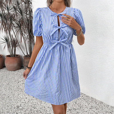Retro gestreepte jurk met ronde hals en strik, veterjurk Nexora Store