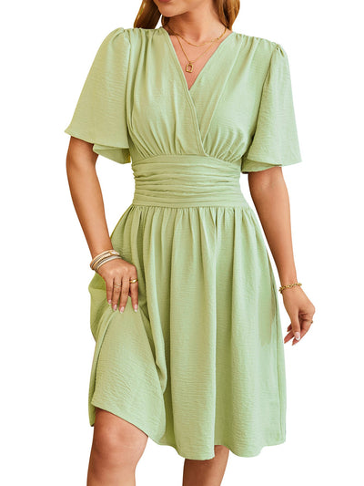 V-hals getailleerde taille flare-mouwen modejurk voor dames Ritchy's Shop