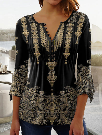 Modieus nieuw dames T-shirt met bloemenprint, V-hals, driekwartmouwen, geplooide knopen en basisshirt Nexora Store