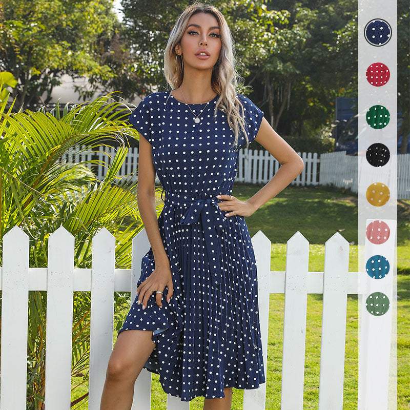 Zomer Dames Polka Dot Korte Mouw Jurk Casual Bandage Feest Geplooide Midi Jurken Elegante Groene Kantoor Dame Kleding Nexora Store