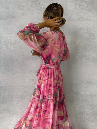 Lange mouwen bloemenprint jurk elegante V-hals geplooide hoge taille grote swing chiffon maxi-jurken voor dameskleding Nexora Store