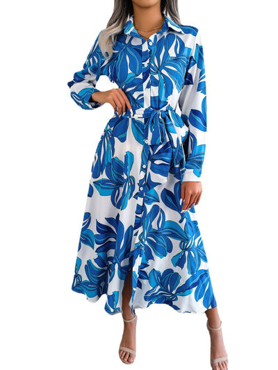 Contrasterende kleur bloemen revers gestrikt overhemd jurk lange rok Ritchy's Shop