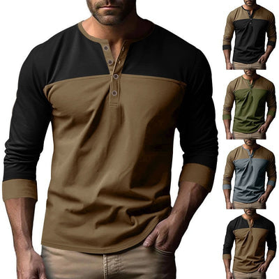 Retro Trendy Lange mouwen Kleur Matching Henry Kraag Onderkant Shirt Casual T-shirt Nexora Store