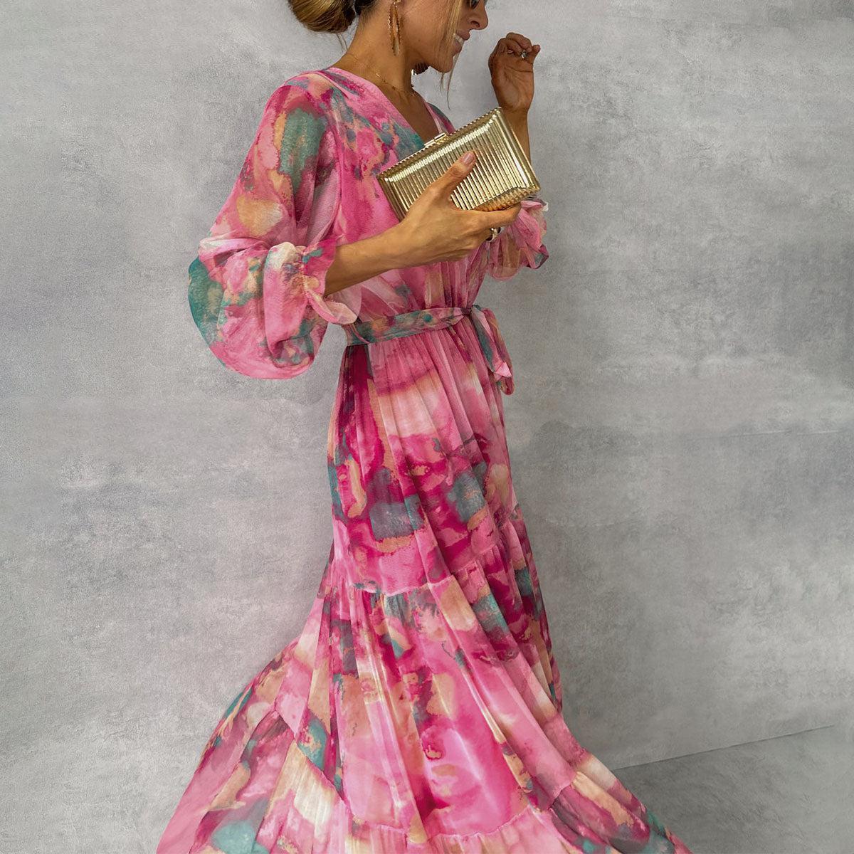 Lange mouwen bloemenprint jurk elegante V-hals geplooide hoge taille grote swing chiffon maxi-jurken voor dameskleding Nexora Store