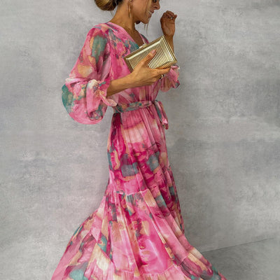 Lange mouwen bloemenprint jurk elegante V-hals geplooide hoge taille grote swing chiffon maxi-jurken voor dameskleding Nexora Store