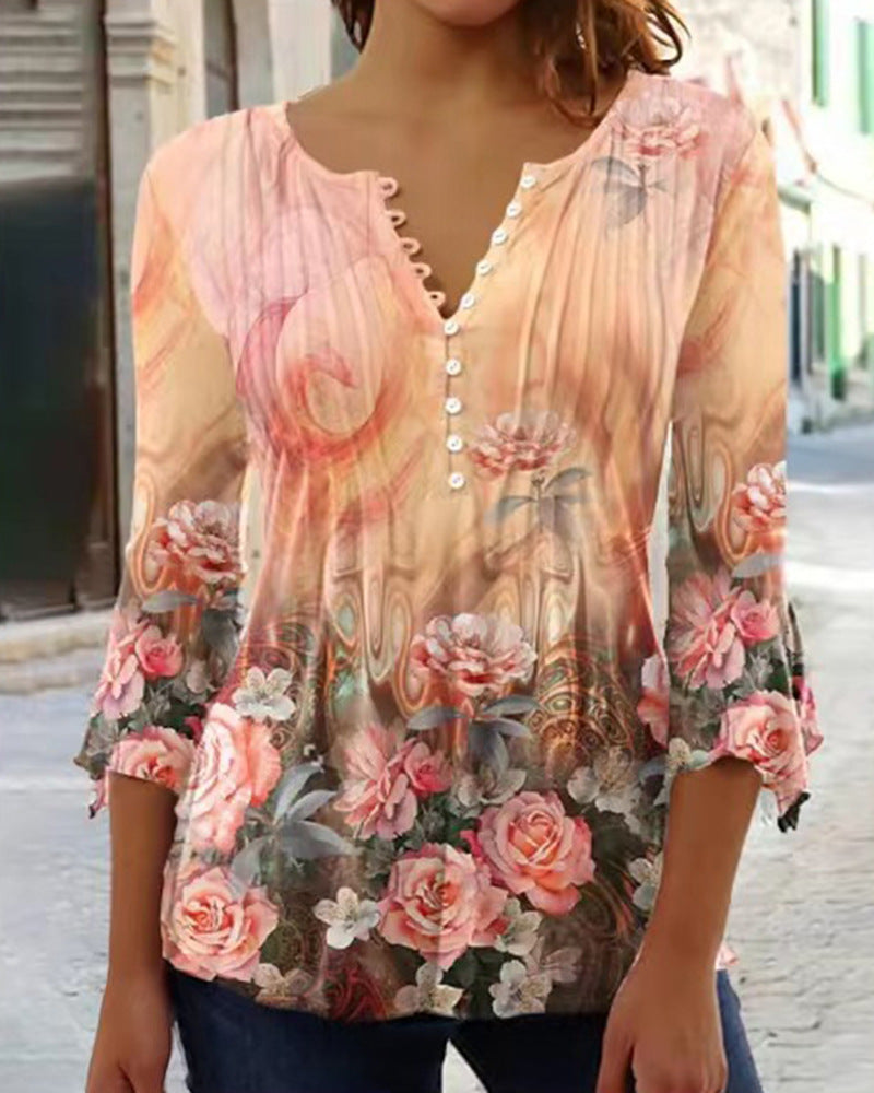 Modieus nieuw dames T-shirt met bloemenprint, V-hals, driekwartmouwen, geplooide knopen en basisshirt Nexora Store