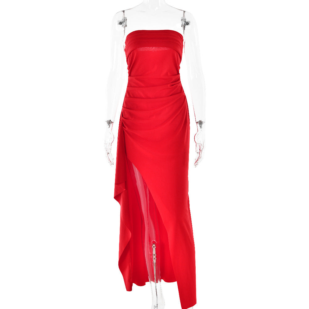 Strapless split lange jurk zomermode geplooide bruidsmeisjesjurk voor damesfeest bruiloftskleding Mijn winkel