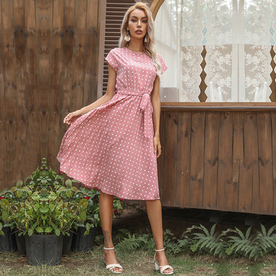 Zomer Dames Polka Dot Korte Mouw Jurk Casual Bandage Feest Geplooide Midi Jurken Elegante Groene Kantoor Dame Kleding Nexora Store