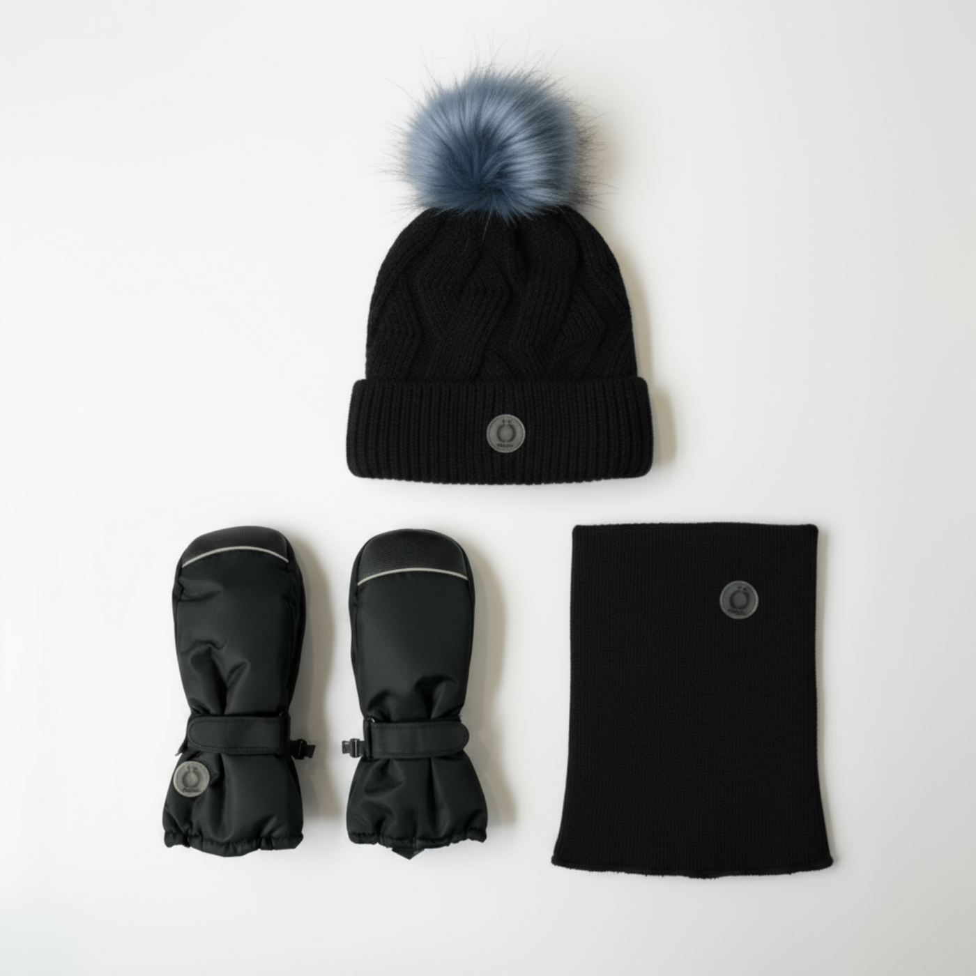 ÖSNO Snowsuit winter bundle with black knit tuque, blue fur pompom, mittens, and neck warmer accessories