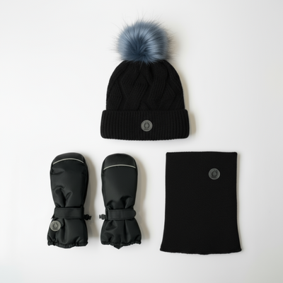 ÖSNO Snowsuit winter bundle with black knit tuque, blue fur pompom, mittens, and neck warmer accessories